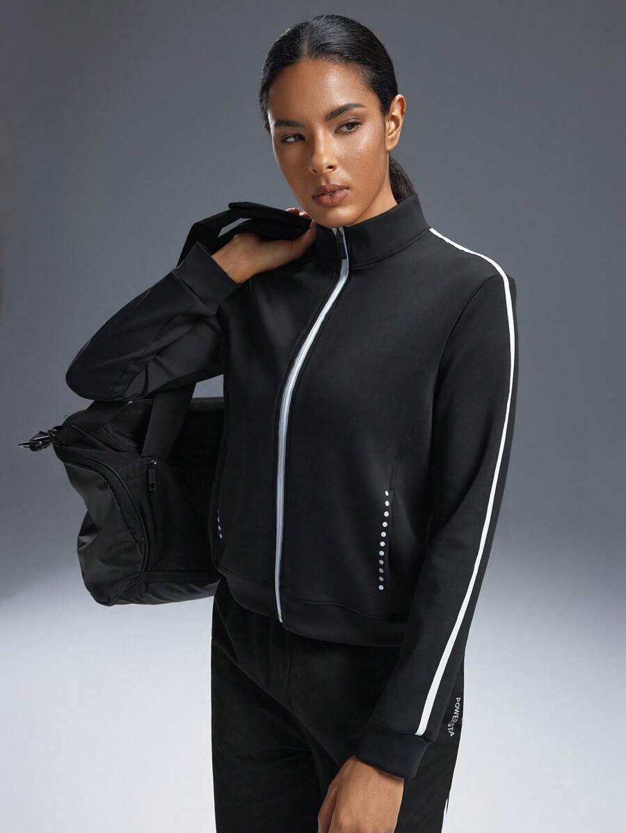 Powerista Chaqueta deportiva de manga larga con cremallera y cuello de capa de aire, corte holgado para mujer - Negro - Ver 1