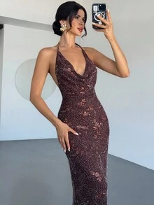 Firerie 女士新款亮片深 V 领收腰露背性感派对美人鱼长裙，性感亮片礼服，适合派对、婚礼、宴会、春夏、初秋、性感、约会、聚会、宴会、年会、婚礼季、毕业典礼、毕业舞会、表演服、音乐会、女士生日礼服、茶会 - 咖啡棕 - 查看 3