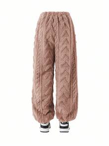 SHEIN Girlism 2 件套 Tween 女童保暖毛绒纹理宽松休闲连帽衫和运动裤套装，秋季 - 駝色 - 查看 5