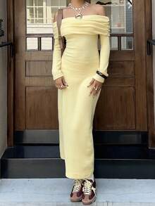 SHEIN EZwear Women's New Butter Yellow Off Shoulder Fitted Long Sleeve Dress, Fall Dresses For Going Out - Yellow - View 5