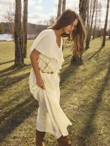 Aralina Đầm Maxi Tay Ngắn Cổ Chữ V Phối Ren Phong Cách Kỳ Nghỉ Cho Nữ - Màu be - Xem 1