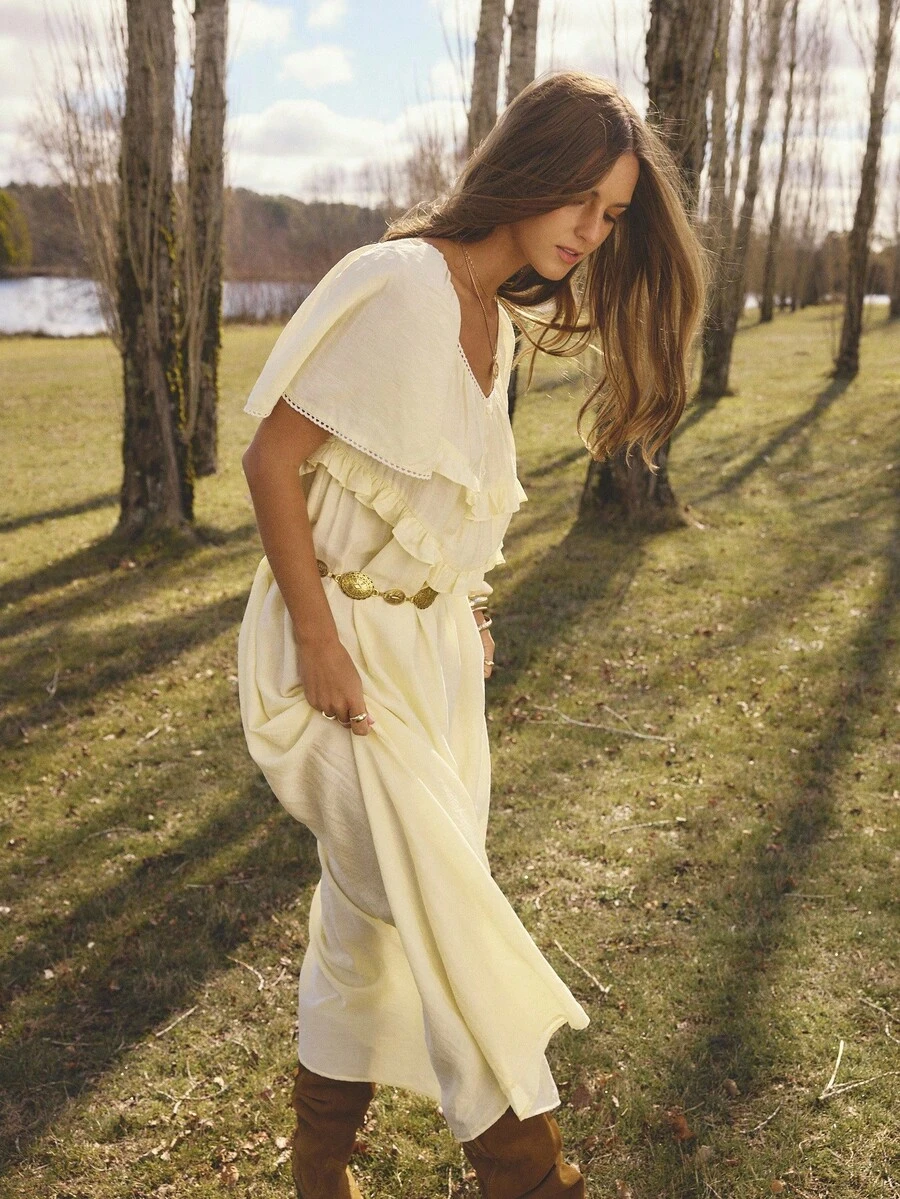 Aralina Đầm Maxi Tay Ngắn Cổ Chữ V Phối Ren Phong Cách Kỳ Nghỉ Cho Nữ - Màu be - Xem 1