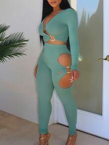 INAWLY Bộ 2 món áo crop top và quần dài cổ chữ V ôm sát bằng kim loại cỡ lớn - xanh quân đội - Xem 1