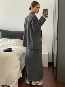 DAZY 女士秋季长款西装外套和中长裙套装商务装 - 灰色 - 查看 2