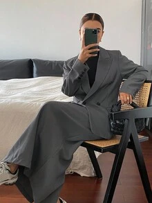 DAZY 女士秋季长款西装外套和中长裙套装商务装 - 灰色 - 查看 5