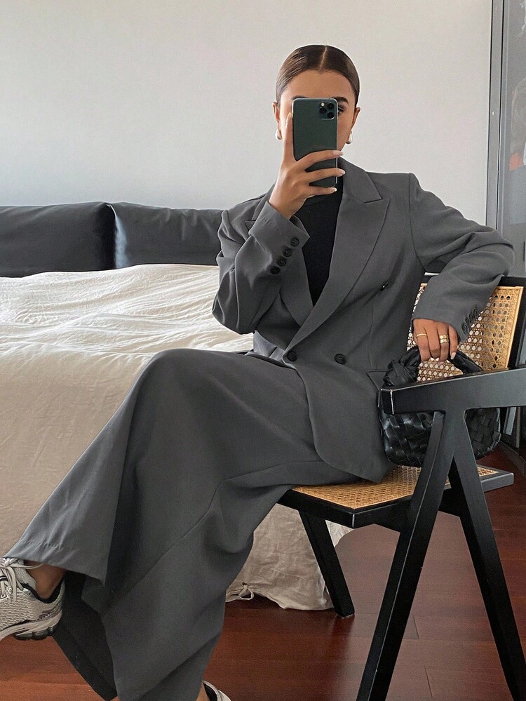 DAZY 女士秋季长款西装外套和中长裙套装商务装 - 灰色 - 查看 5