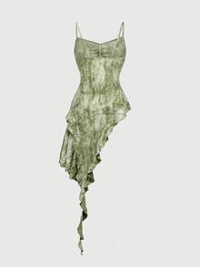 Grunge Punk Y2K Distressed Tie-Dye Asymmetrical Ruffle Hem Design Women Camisole - Army Green - View 8