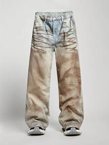 ROMWE MEN Street Life Quần jean ống rộng thời trang nam dáng rộng màu gradient - Màu xanh lam - Xem 9