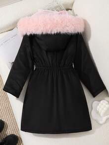 SHEIN 女童保暖内衬厚毛领长款拉链夹克，带口袋，时尚优雅经典外套，适合外出、舞会，舒适又时尚