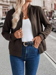 EMERY ROSE Women's Solid Color Zipper Waffle Casual Versatile Jacket - Coffee Brown - View 4