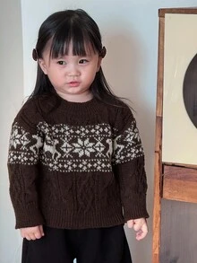 DAZY Baby Girls' Crew Neck Contrast Color Cartoon Print Long Sleeve Sweater Fall,Winter Toddler Girls Clothes - Coffee Brown - View 5