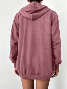 SHEIN Petite Size 100%Cotton Solid Zip Up Drawstring Hoodie - Dusty Pink - View 2