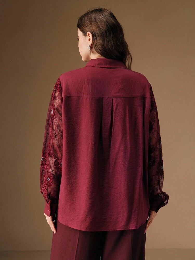 Plus Size Women's Vintage Elegant Floral Flocked Embroidery Lace Patchwork Sheer Burgundy Party Loose Collar Blouse, Autumn/Winter