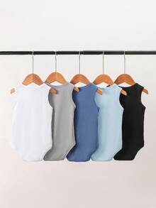 SHEIN Playful Pals 5件套新生男宝宝可爱暖色调连体衣，适合外出、度假、节日、春夏穿着 - 彩色 - 查看 2