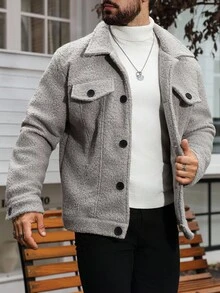 Manfinity Homme 男士休闲单排扣泰迪羊毛混纺夹克，秋冬 - 灰色 - 查看 3