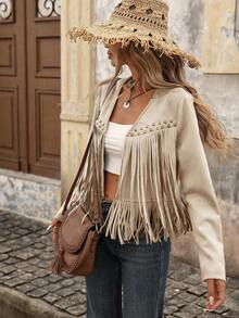 Brillora Women's Solid Color Fringe Trim Open Front Jacket In Fall/Winter - Khaki - View 3