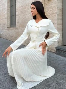 Firerie Elegant Women's Off-White 2 Pieces Set,Autumn Office Long Sleeve Top With Belt & Pleated Umbrella Chiffon Skirt,Business Casual Teacher Outfits Suit - Apricot - View 8