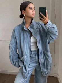 DAZY Autumn/Winter New Loose Casual Distressed Washed Women Denim Jacket And Coat Outerwear - Blue - View 7