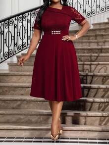 Fleurora Váy midi ren trơn màu thanh lịch dự tiệc cỡ lớn cho nữ Váy lễ Phục sinh Váy tốt nghiệp cho nữ Váy dự tiệc cưới - Màu Đỏ Sâu - Xem 7