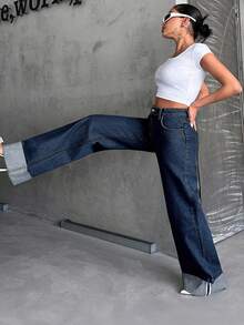 SHEIN PETITE HIGH WAIST100%Cotton Rolled Up Wide Leg Jeans - Medium Wash - View 5