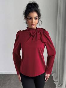 Rafferiza 女士纯色优雅领带泡泡袖衬衫 - 紅色 - 查看 4