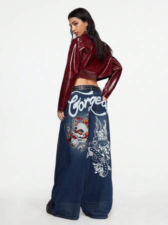 Grunge Punk Jeans larges à taille basse pour femmes, imprimé de crâne et de vigne vintage, style streetwear, coupe ample