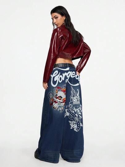 Grunge Punk Jeans anchos de cintura baja con estampado de calavera y vid bordado, estilo vintage streetwear para mujer