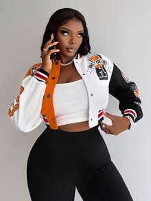 Slaydiva Colorblock Graphic Print Zip-Up Baseball Jacket Autumn Winter Clothes For Women - Orange - View 5