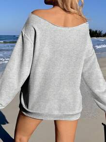 Veykashi Sudadera holgada de manga larga con estampado de letra NY y leopardo, de hombros descubiertos, para mujer