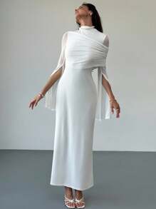 Aloruh Đầm ôm sát cổ cao thanh lịch thiết kế mới, xẻ tà bất đối xứng, tay dài, dáng ôm, chất liệu tương phản, đầm tay loe - trắng - Xem 4