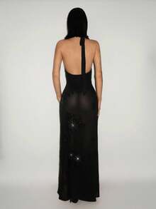 SHEIN ICON Women's Sequin High Slit Sexy Dress Black Dress With Slit - Black - View 2