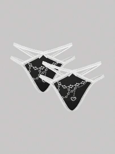Grunge Punk 2pcs/Set Dark Punk Chain & Floral Print Patchwork Double-Sided Waistband Thong Panties