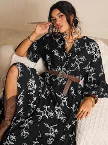 SHEIN LUNE 大码连衣裙情人节红色连衣裙女士长裙夏季连衣裙 - 黑與白 - 查看 10