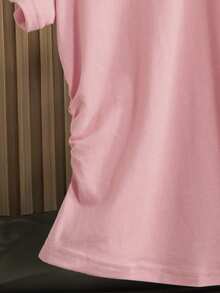 SHEIN Tween 女童纯色休闲 Polo 衫 V 领修身侧褶短袖短款 T 恤 - 粉色 - 查看 3