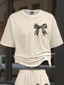 Conjunto de 2 piezas para adolescentes - Camiseta con decoración de lazo y pantalones de pierna ancha, conjunto de verano estilo "soft girl", ropa a juego para estar en casa, estilo callejero, nueva llegada 2025, conjunto a juego con estampado de lazos lindo - Multicolor - Ver 3