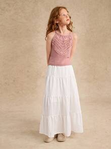 Elegant Choice For Girls: White Pleated Woven Skirt, Unique Texture, Delicate Details, Flowing Ruffles, Showcasing Sweet Elegant, Perfect For Outings Fall Winter - White - View 3