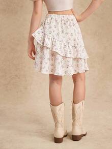 女童花卉印花荷叶边下摆松紧腰休闲裙 - 杏色 - 查看 3