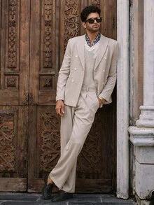 Manfinity VCAY 2 件男士意大利复古浅米色轻便商务休闲西装，纹理正装 - 米色 - 查看 2