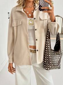 Siren Gaze Button Front Drop Shoulder Solid Coat In Fall/Winter Brown Casual - Khaki - View 5