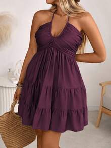 Ceyna 大码女式春夏单层竹结亚麻度假沙滩裙，褶皱褶边胸部分层飘逸连衣裙，可调节吊带蝴蝶结后背 - 紫紅色 - 查看 6