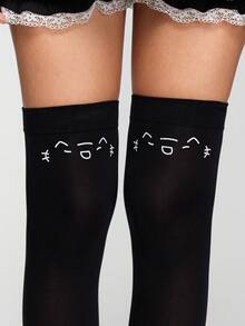 ROMWE Anime 1 双白色可爱卡哇伊猫脸纯色简约时尚个性化女士过膝袜，适合动漫 JK 裙装搭配、日常装、购物、上学等。 - 黑色 - 查看 5