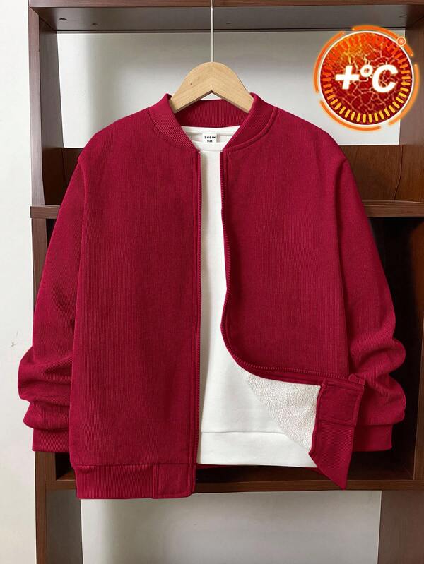 SHEIN Tween Boy Corduroy Thermal Lined Zip-Up Baseball Jacket, Can Be Paired With Halloween Hoodies, Autumn Sweatshirts, Long Sleeve Shirts, Sweaters, Hoodies, Shirts, Joggers, Pants, Suitable For Commuting, School, Casual, Sports, Autumn/Winter,Winter Set,Winter Clothing,Fall Outfits,Fall Clothing,All Clothes For Kids,Christmas Red Top,Fall Tops ,Winter Outwear,Christmas Red Jacket