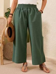 Rusticease 橄榄绿复古高腰阔腿裤，大码，春夏 - 綠色 - 查看 3