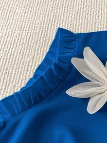 Flirla 大码女式 3D 花卉装饰立领黑色纯色上衣搭配高腰 A 字形 3D 花卉装饰迷你裙优雅 2 件套 - 水鴨藍 - 查看 5