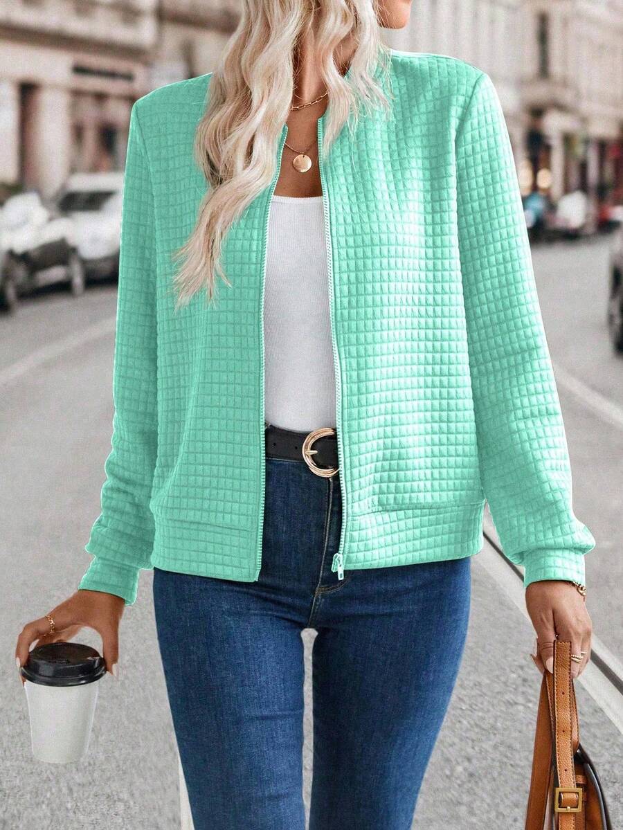 EMERY ROSE Women's Solid Color Long Sleeve Zip-Up Casual Baseball Jacket, Autumn