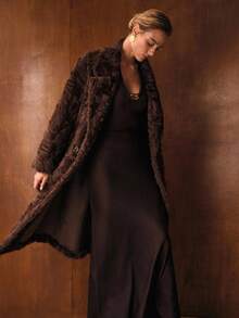 MOTF PREMIUM SOLID LAPEL COLLAR SLANT POCKET DOUBLE BUTTON PLACKET FAUX FUR COAT , FALL WINTER - Coffee Brown - View 7