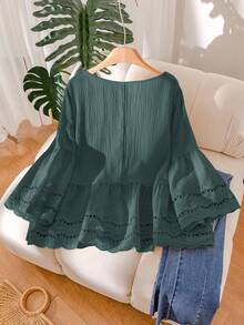 CosyJoli Plus Size Women Casual Apricot Hollow Floral Lace Patchwork Shirt, Suitable For Summer Vacation