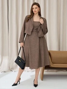 Auralis 春季大码纯色单排扣长袖西装外套连衣裙优雅套装