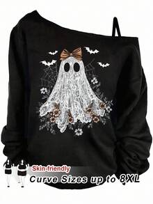 SHEIN CURVE+ 休闲大码单肩长袖T恤，休闲简约万圣节骷髅、蝙蝠、花卉印花大码女式不对称吊带背心T恤，春秋/秋冬 - 彩色 - 查看 1