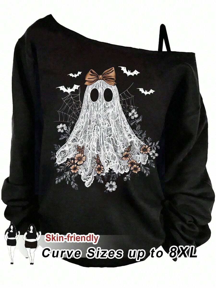 SHEIN CURVE+ 休闲大码单肩长袖T恤，休闲简约万圣节骷髅、蝙蝠、花卉印花大码女式不对称吊带背心T恤，春秋/秋冬 - 彩色 - 查看 1